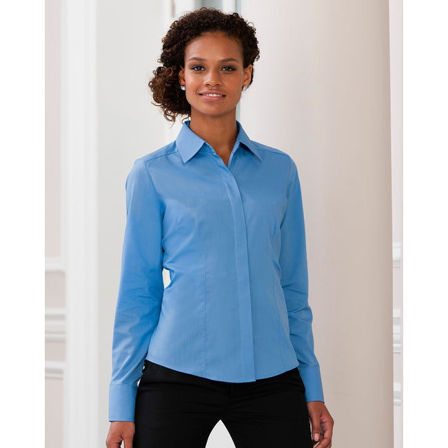 Corporate Blue - Lifestyle - Russell Collection Ladies-Womens Long Sleeve Poly-Cotton Easy Care Fitted Poplin Shirt