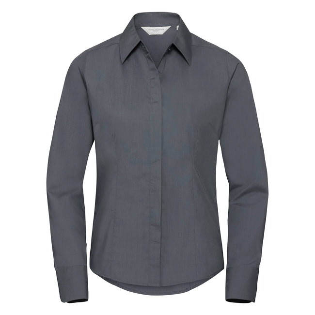 Convoy Grey - Front - Russell Collection Ladies-Womens Long Sleeve Poly-Cotton Easy Care Fitted Poplin Shirt
