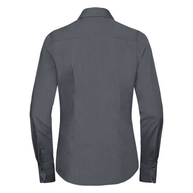 Convoy Grey - Back - Russell Collection Ladies-Womens Long Sleeve Poly-Cotton Easy Care Fitted Poplin Shirt
