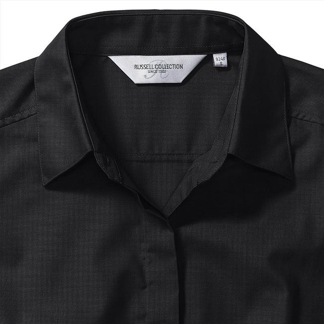 Black - Side - Russell Collection Ladies-Womens Long Sleeve Poly-Cotton Easy Care Fitted Poplin Shirt