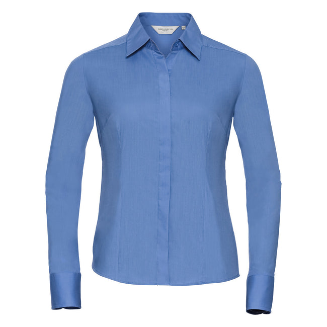 Corporate Blue - Front - Russell Collection Ladies-Womens Long Sleeve Poly-Cotton Easy Care Fitted Poplin Shirt