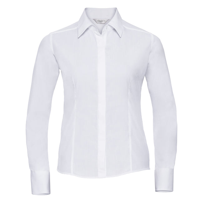 White - Front - Russell Collection Ladies-Womens Long Sleeve Poly-Cotton Easy Care Fitted Poplin Shirt