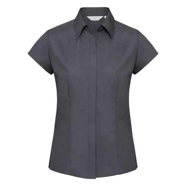 Convoy Grey - Front - Russell Collection Ladies Cap Sleeve Polycotton Easy Care Fitted Poplin Shirt