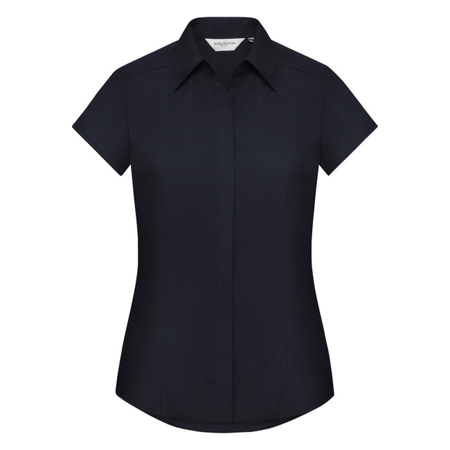 French Navy - Front - Russell Collection Ladies Cap Sleeve Polycotton Easy Care Fitted Poplin Shirt