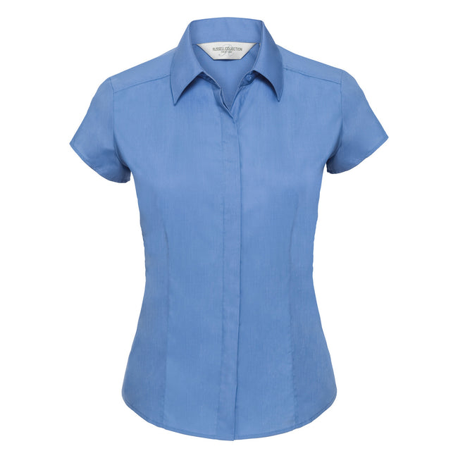 Corporate Blue - Front - Russell Collection Ladies Cap Sleeve Polycotton Easy Care Fitted Poplin Shirt