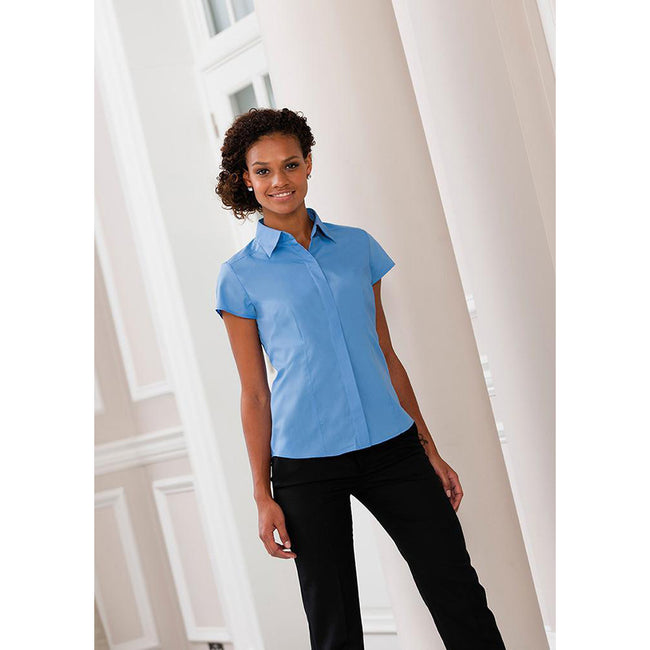 Corporate Blue - Lifestyle - Russell Collection Ladies Cap Sleeve Polycotton Easy Care Fitted Poplin Shirt
