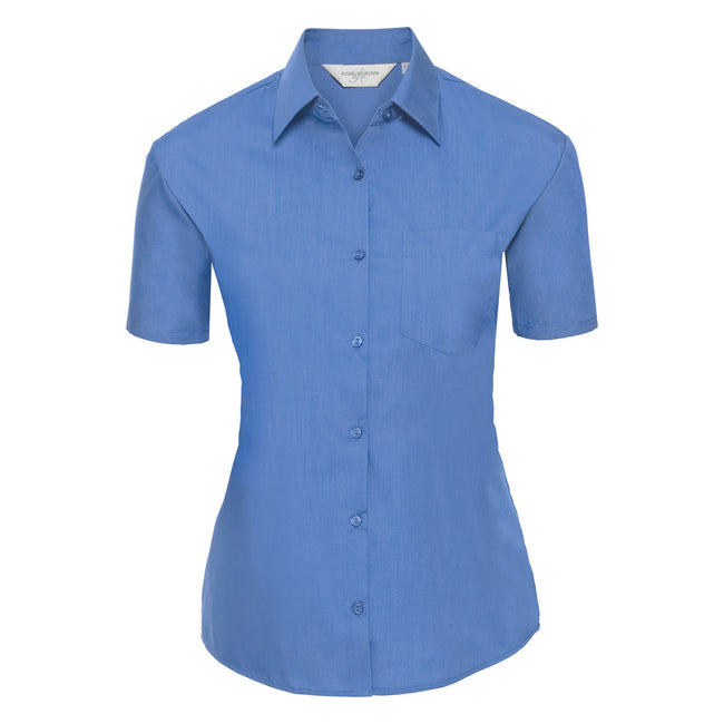 Corporate Blue - Front - Russell Collection Ladies-Womens Short Sleeve Poly-Cotton Easy Care Poplin Shirt