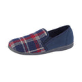 Navy - Side - Sleepers Mens Jim Checked Velour Slippers