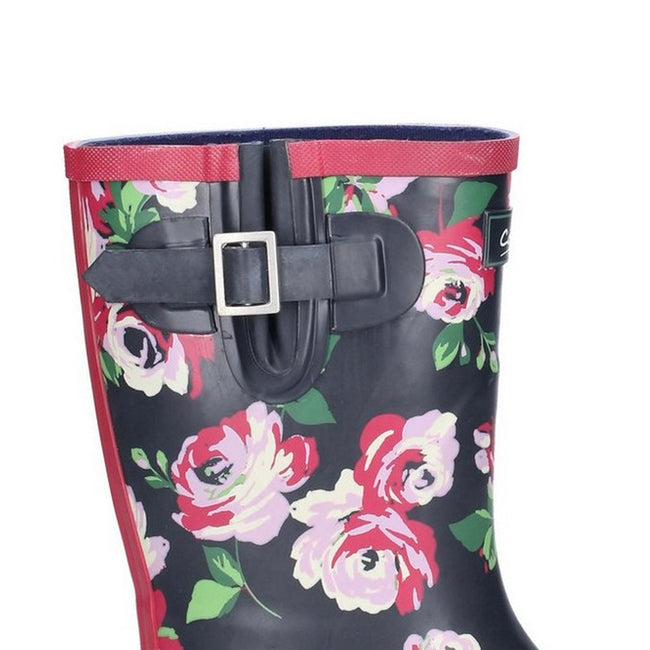 Black-Flower - Side - Cotswold Womens-Ladies Paxford Elasticated Mid Calf Wellington Boot