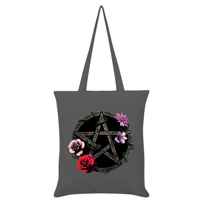 Grey - Front - Grindstore Requiem Collective Floral Pentagram Tote Bag