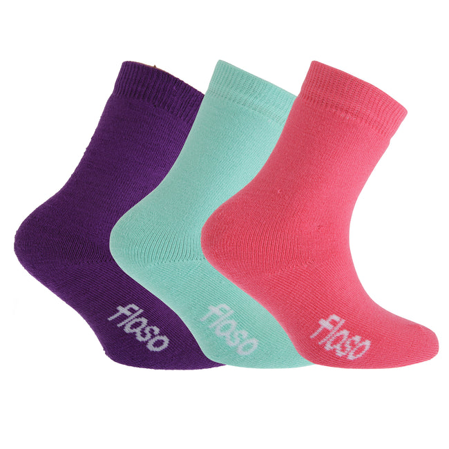 Pink-Purple-Teal - Front - FLOSO Childrens Boys-Girls Winter Thermal Socks (Pack Of 3)