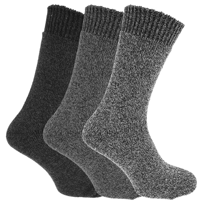 Shades Of Grey - Front - Mens Wool Blend Fully Cushioned Thermal Boot Socks (Pack Of 3)