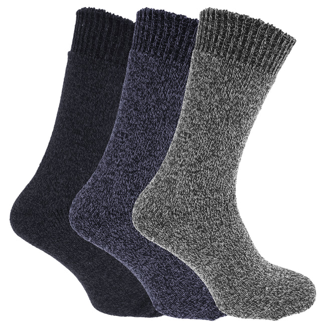Shades Of Blue - Front - Mens Wool Blend Fully Cushioned Thermal Boot Socks (Pack Of 3)