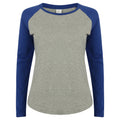 Heather Grey - Royal - Front - Skinnifit Womens-Ladies Long Sleeve Baseball T-Shirt