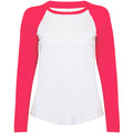 White - Hot Pink - Front - Skinnifit Womens-Ladies Long Sleeve Baseball T-Shirt