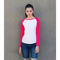 White - Hot Pink - Back - Skinnifit Womens-Ladies Long Sleeve Baseball T-Shirt