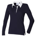 Navy-White - Front - Front Row Womens-Ladies Long Sleeve Plain Sports Rugby Polo Shirt