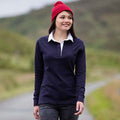 Navy-White - Back - Front Row Womens-Ladies Long Sleeve Plain Sports Rugby Polo Shirt