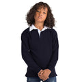 Navy - Side - Front Row Kids Unisex Long Sleeve Plain Rugby Sports Polo Shirt