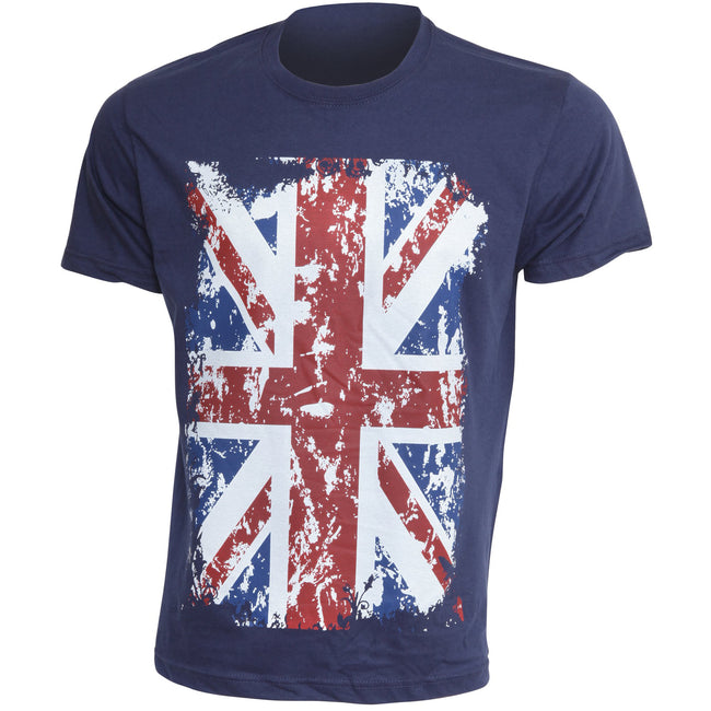 Navy - Front - Mens Union Jack GB Print 100% Cotton Short Sleeve Casual T-Shirt-Top
