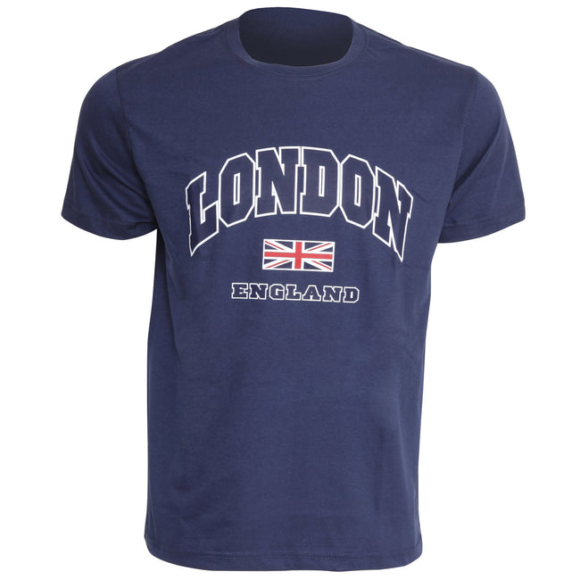 Navy - Front - Mens London England Print 100% Cotton Short Sleeve Casual T-Shirt-Top