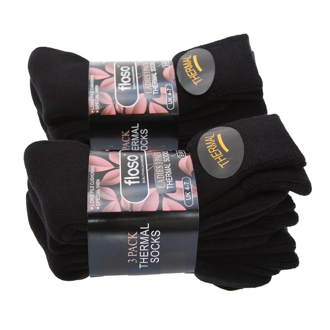 Black - Back - FLOSO Ladies-Womens Premium Quality Multipack Thermal Socks, Double Brushed Inside (Pack Of 6)