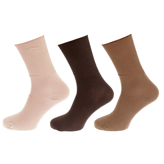 Dark Brown-Light Brown-Beige - Front - Universal Textiles Womens-Ladies Bamboo Diabetic Wellness Socks (3 Pairs)