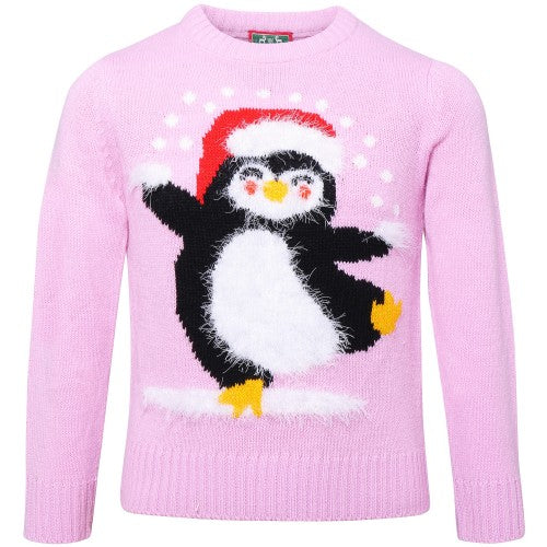 Front - Christmas Shop Childrens/Kids Eyelash Yarn Penguin Christmas Jumper