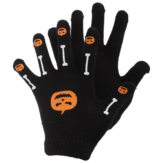 Black-Orange (Pumpkins & Bones) - Front - Childrens-Kids Halloween Design Magic Gloves