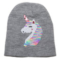 Grey - Back - Childrens Girls Reversible Unicorn Sequins Beanie Hat