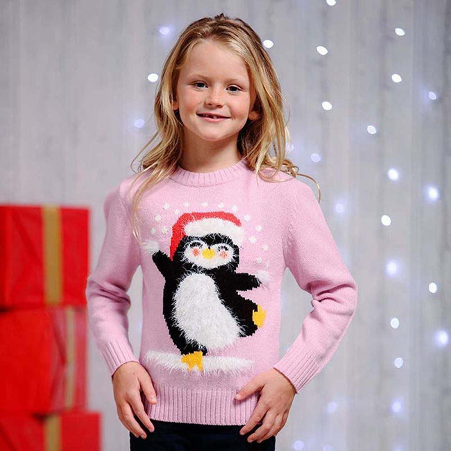 Pink - Back - Christmas Shop Childrens-Kids Eyelash Yarn Penguin Christmas Jumper