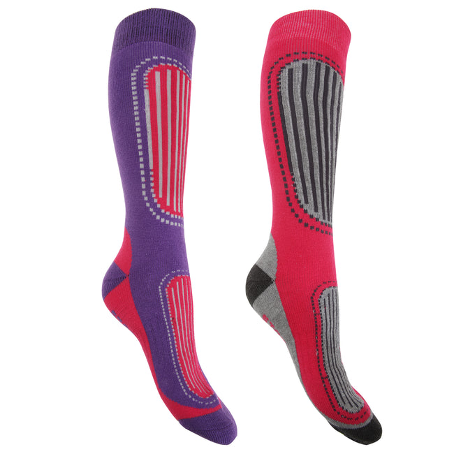 Fuchsia-Purple - Front - FLOSO Womens-Ladies Ski Socks (Pack Of 2)